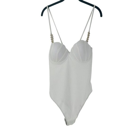 Shell Cup Swimsuit One Piece White Jeweled Straps Size XL Shein Underwired Swim - Picture 3 of 13